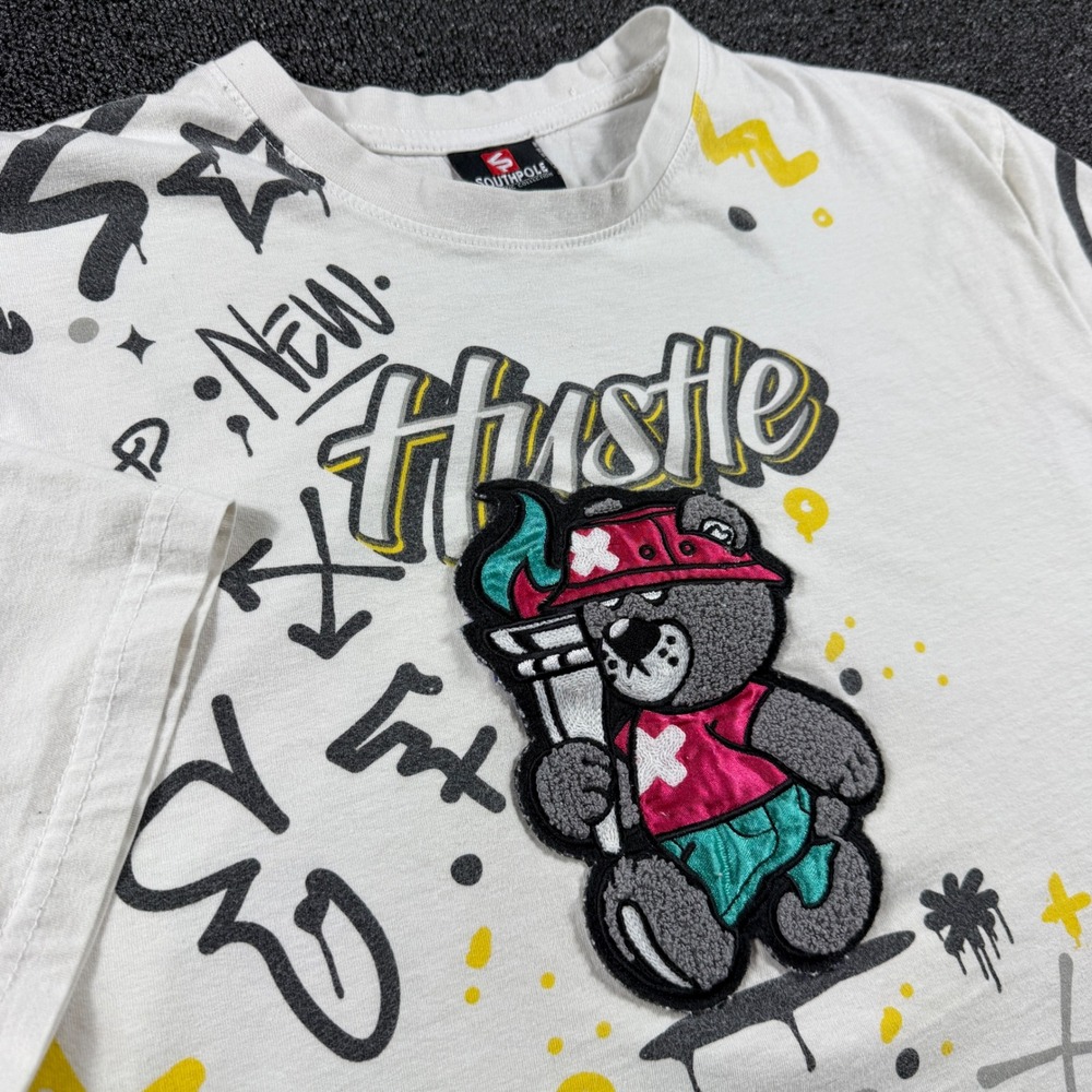 VTG Y2K Southpole Shirt Mens XL White Hustle Graphic Bear Fresh Streetwear Urban